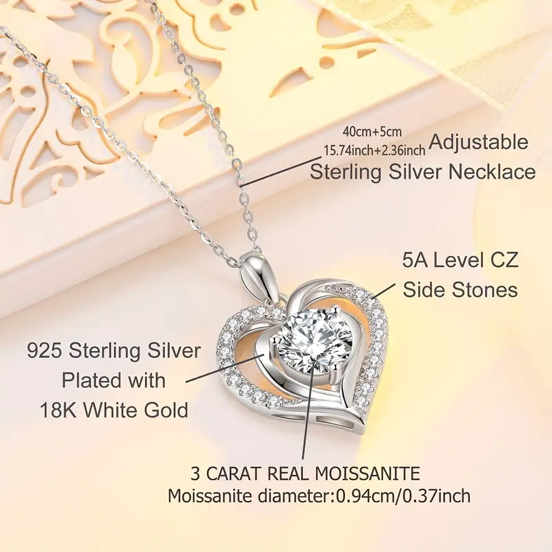 Colier cu pandantiv în formă de inimă Moissanite, argint 925, 3 ct, lanț clavicular pentru femei