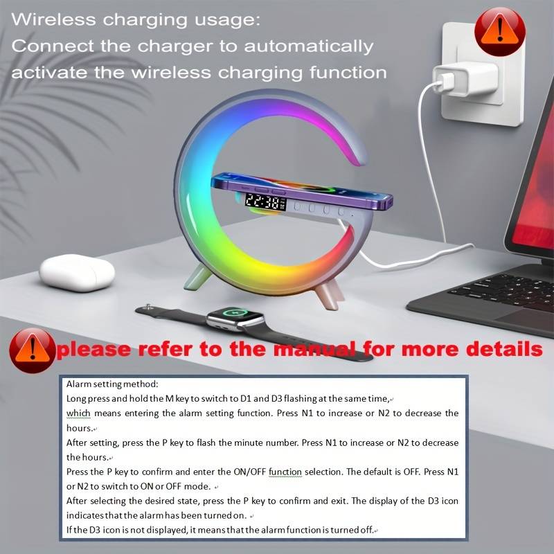 Suport Pentru Desktop &Icirc;ncărcare Fără Fir Pentru Telefoane Mobile, Lumini Mici De Noapte, Difuzoare Pentru Telefoane Mobile, Ceasuri Cu Alarmă De Birou, Funcții 4 &Icirc;n 1, Lumini LED Pentru Atmosferă De Acasă Și Cadouri Pentru Familie Și Prieteni De Sărbători detalii 3