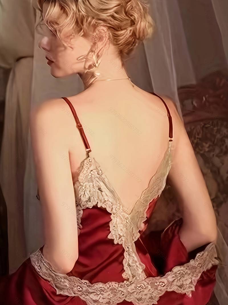 Set De Lenjerie Din Dantelă Contrastantă Cu Bloc De Culoare, Rochie Cu Camis În V Adânc Și Halat Cu Mânecă Lungă Și Tanga, Lenjerie Sexy Și Lenjerie Intimă Pentru Femei detalii 9