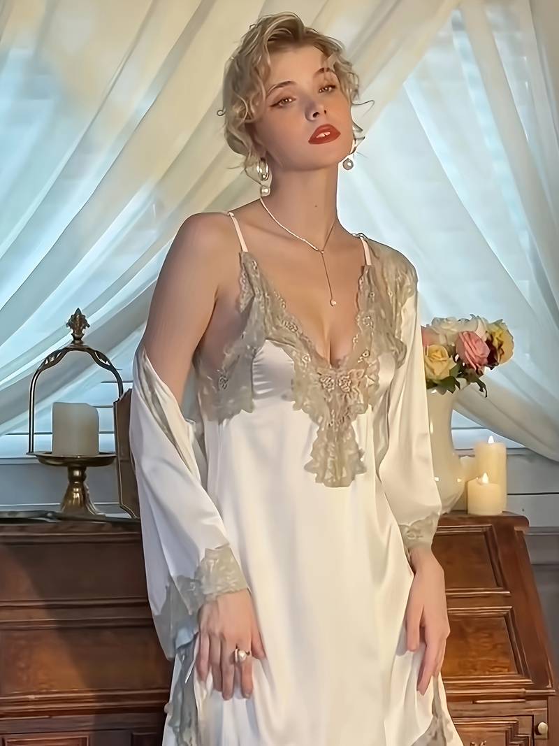 Set De Lenjerie Din Dantelă Contrastantă Cu Bloc De Culoare, Rochie Cu Camis În V Adânc Și Halat Cu Mânecă Lungă Și Tanga, Lenjerie Sexy Și Lenjerie Intimă Pentru Femei detalii 3