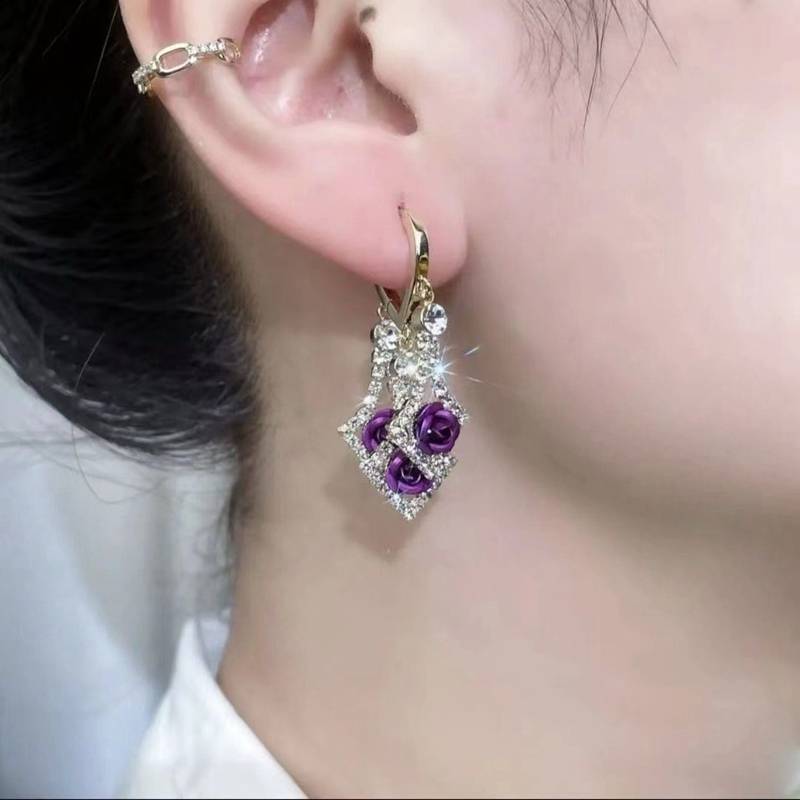 Zircon strălucitor &icirc;n formă de romb, &icirc;ncrustat cu țesătură roșie/violet, decor de trandafiri, cercei suspendați, stil elegant de lux, cadou feminin la modă detalii 8