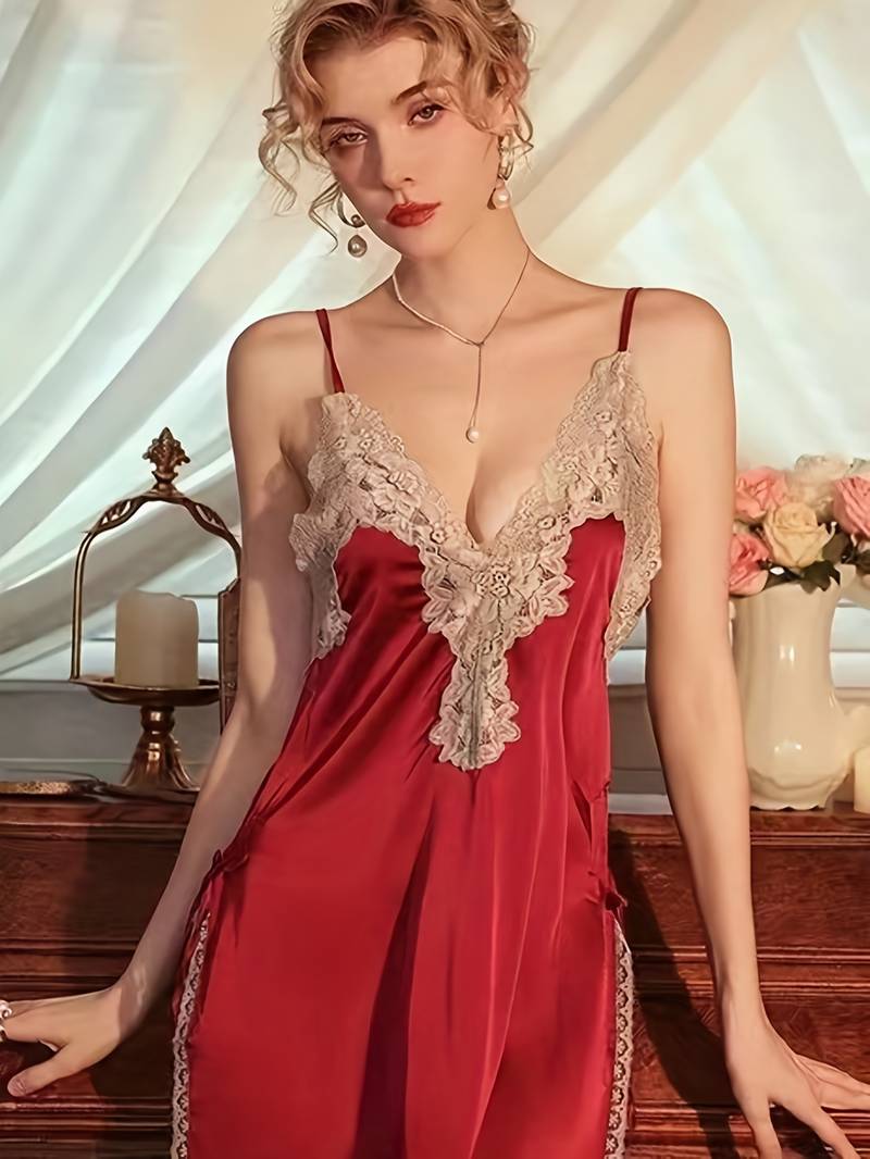 Set De Lenjerie Din Dantelă Contrastantă Cu Bloc De Culoare, Rochie Cu Camis În V Adânc Și Halat Cu Mânecă Lungă Și Tanga, Lenjerie Sexy Și Lenjerie Intimă Pentru Femei detalii 6