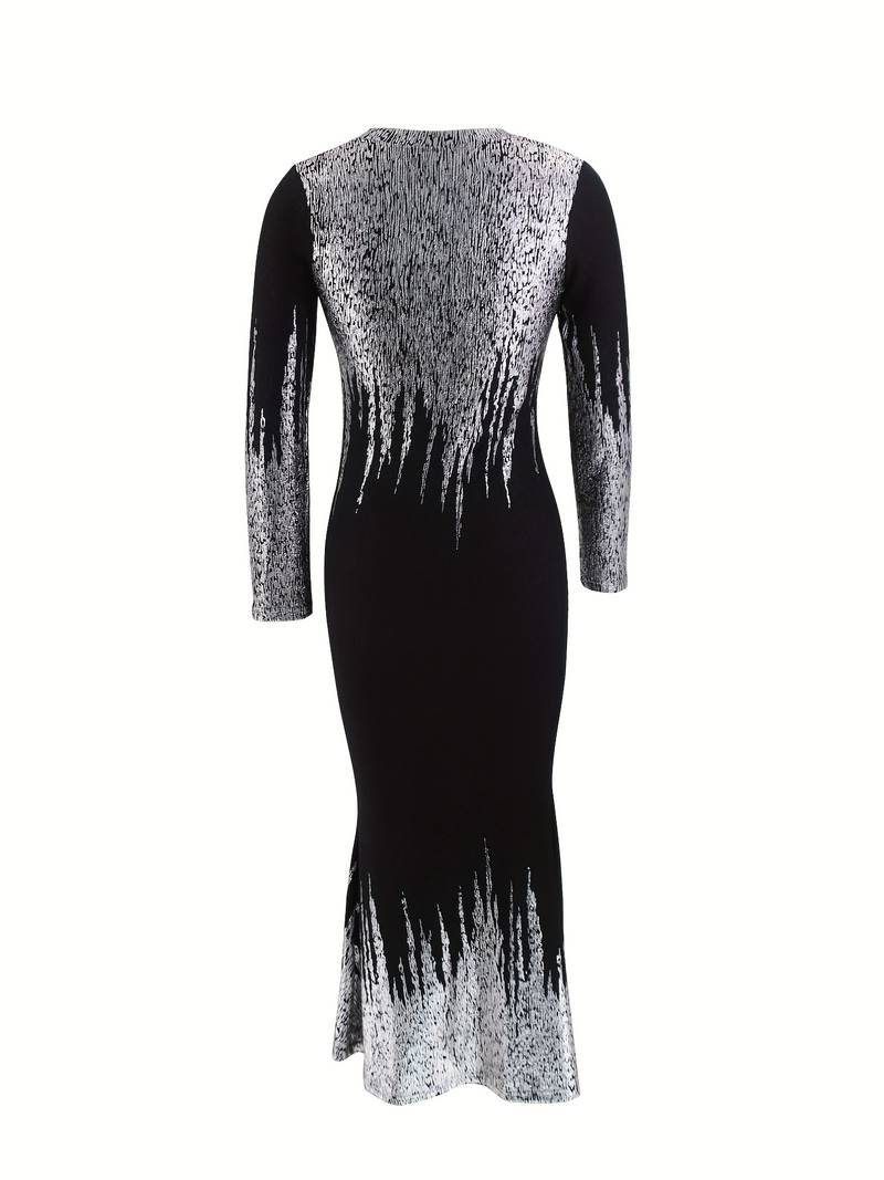 Rochie bodycon cu imprimeu bronzat, rochie eleganta cu maneca lunga cu decolteu, imbracaminte de dama detalii 6