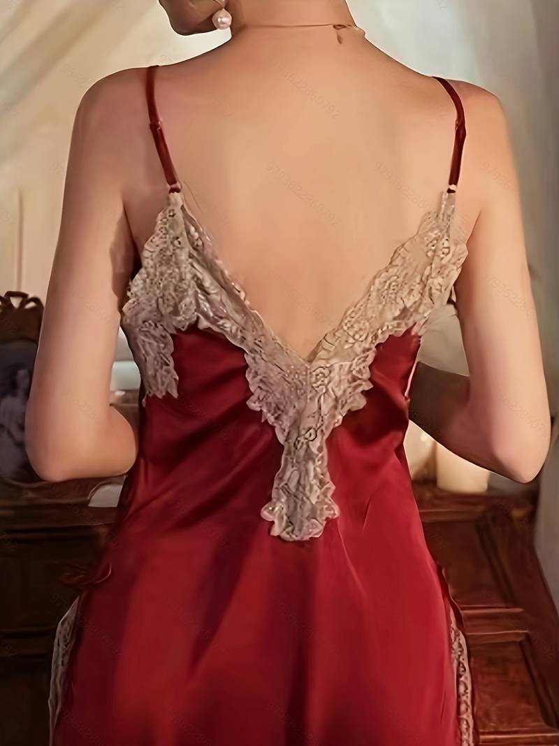 Set De Lenjerie Din Dantelă Contrastantă Cu Bloc De Culoare, Rochie Cu Camis În V Adânc Și Halat Cu Mânecă Lungă Și Tanga, Lenjerie Sexy Și Lenjerie Intimă Pentru Femei detalii 7