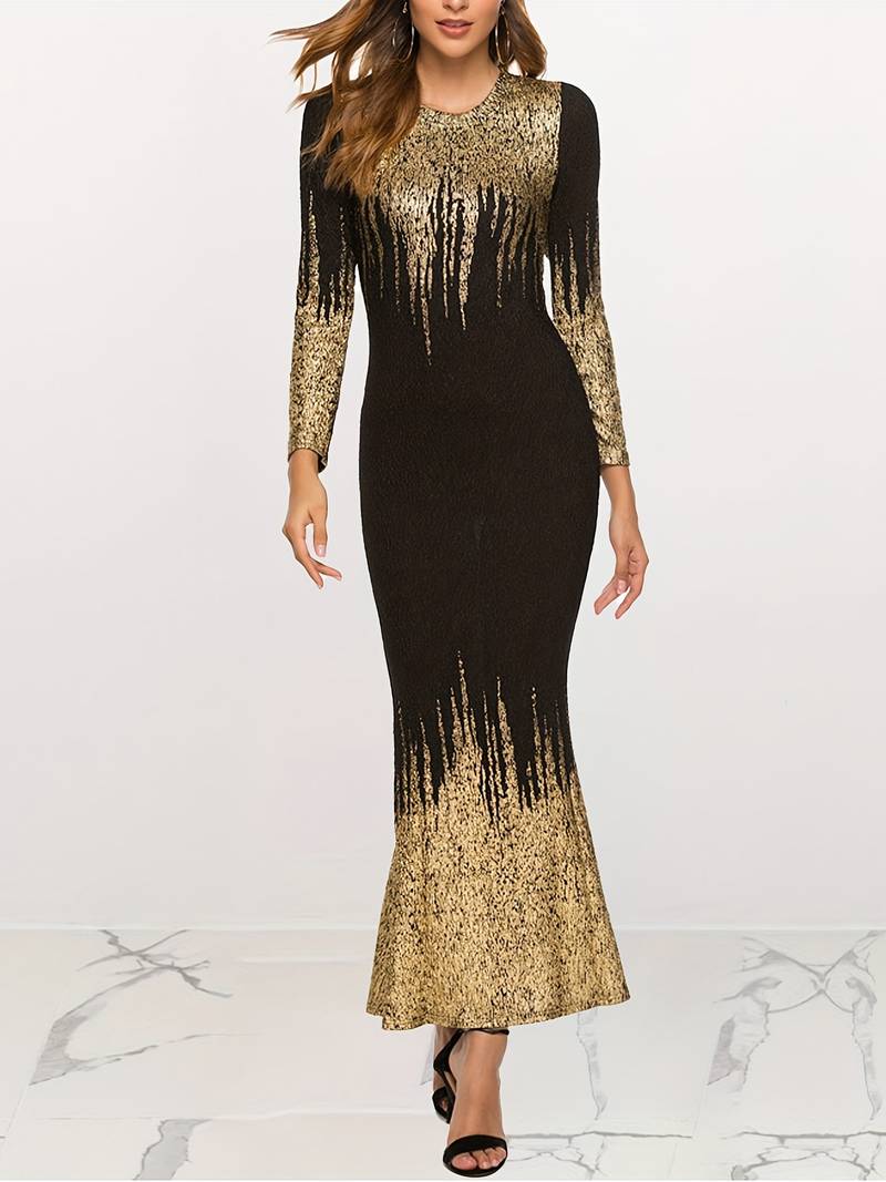 Rochie bodycon cu imprimeu bronzat, rochie eleganta cu maneca lunga cu decolteu, imbracaminte de dama detalii 12