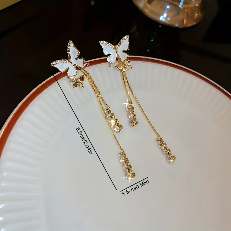 butterfly design with shiny zircon decor dangle earrings elegant luxury style copper 14k gold plated jewelry trendy female gift details 4