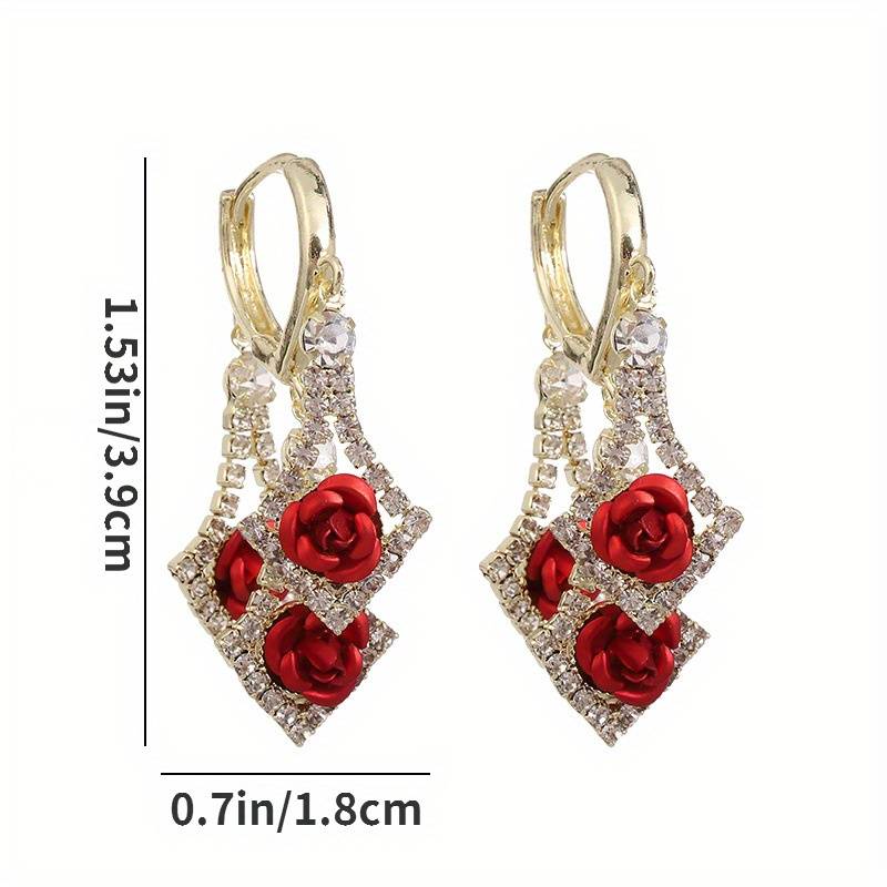 Zircon strălucitor &icirc;n formă de romb, &icirc;ncrustat cu țesătură roșie/violet, decor de trandafiri, cercei suspendați, stil elegant de lux, cadou feminin la modă detalii 0