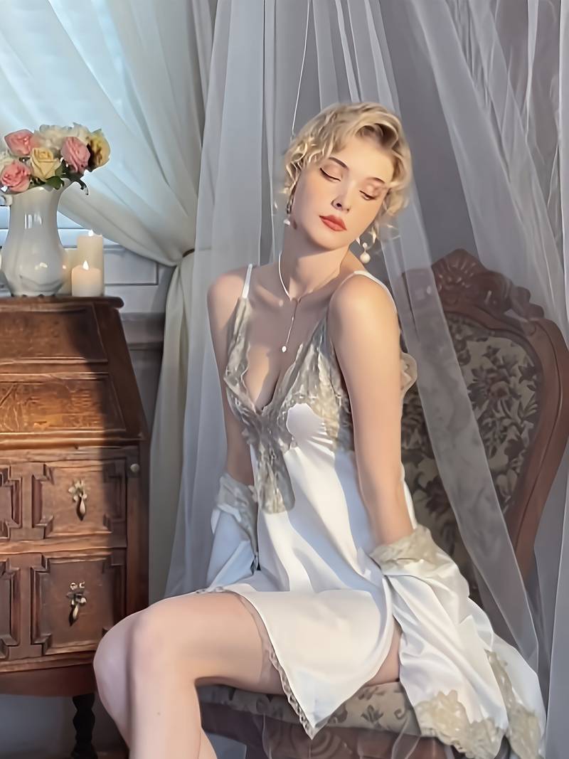 Set De Lenjerie Din Dantelă Contrastantă Cu Bloc De Culoare, Rochie Cu Camis În V Adânc Și Halat Cu Mânecă Lungă Și Tanga, Lenjerie Sexy Și Lenjerie Intimă Pentru Femei detalii 4