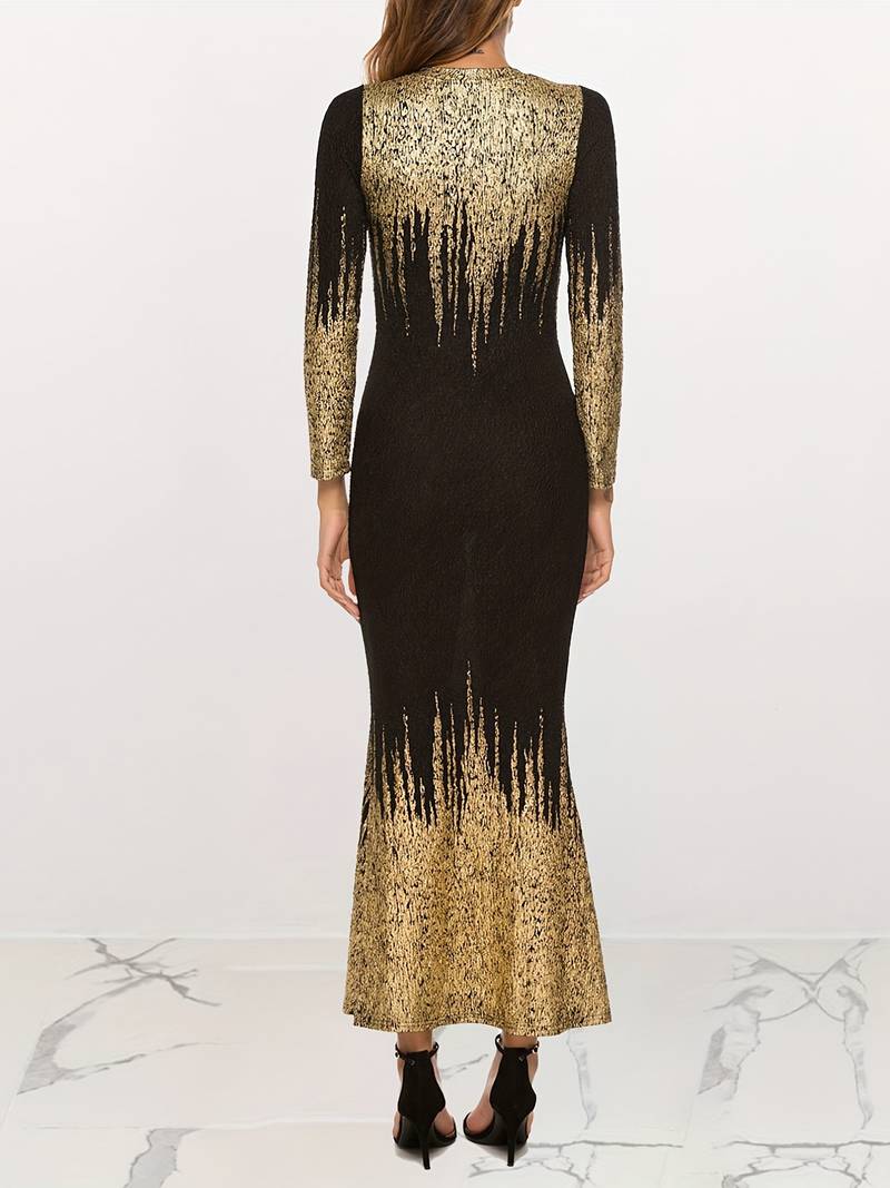 Rochie bodycon cu imprimeu bronzat, rochie eleganta cu maneca lunga cu decolteu, imbracaminte de dama detalii 14