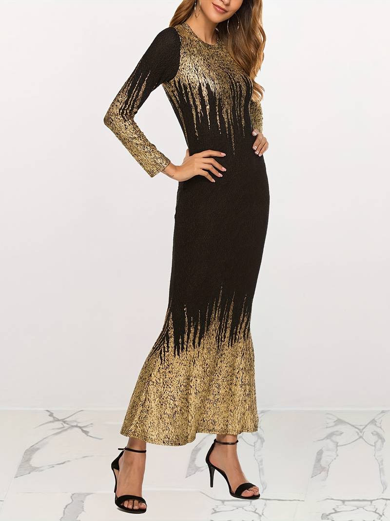 Rochie bodycon cu imprimeu bronzat, rochie eleganta cu maneca lunga cu decolteu, imbracaminte de dama detalii 13