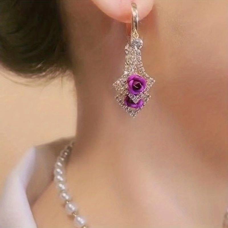 Zircon strălucitor &icirc;n formă de romb, &icirc;ncrustat cu țesătură roșie/violet, decor de trandafiri, cercei suspendați, stil elegant de lux, cadou feminin la modă detalii 7