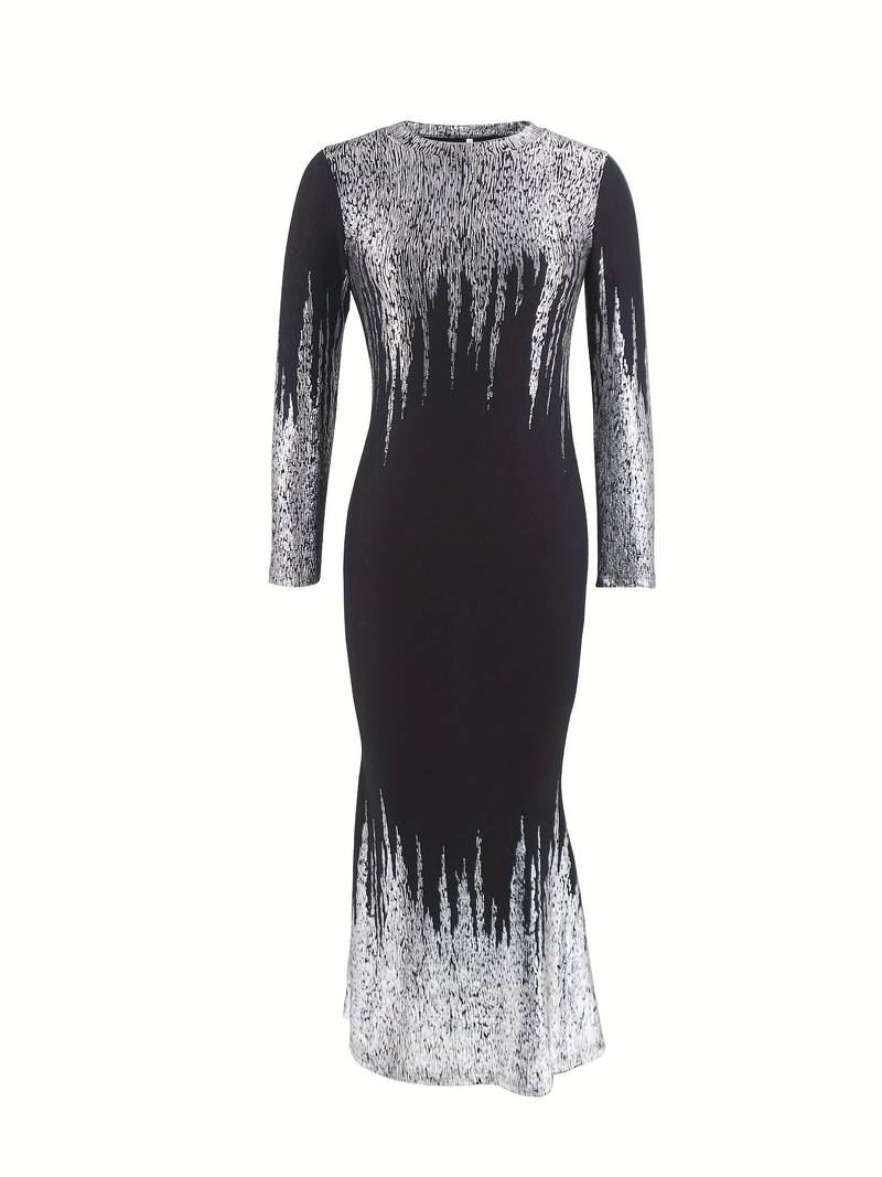 Rochie bodycon cu imprimeu bronzat, rochie eleganta cu maneca lunga cu decolteu, imbracaminte de dama detalii 4