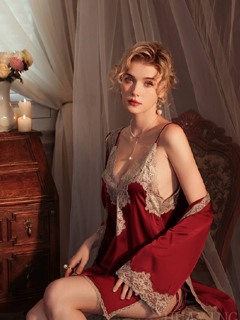 Set De Lenjerie Din Dantelă Contrastantă Cu Bloc De Culoare, Rochie Cu Camis În V Adânc Și Halat Cu Mânecă Lungă Și Tanga, Lenjerie Sexy Și Lenjerie Intimă Pentru Femei detalii 5