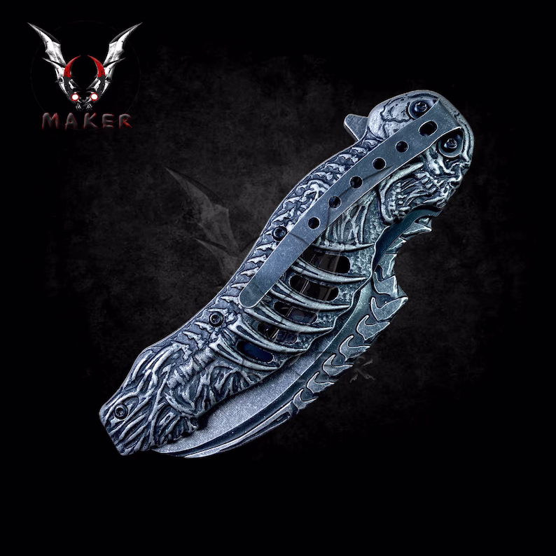 🔪Black skull knife sharp steel blade