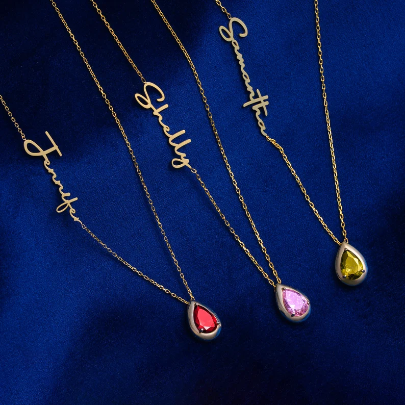 Piatra de nastere minimalista lucrata manual, colier personalizat din aur de 14k cu nume si piatra de nastere, cadou de Ziua Mamei pentru ea, bijuterii din piatra de nastere pentru femei