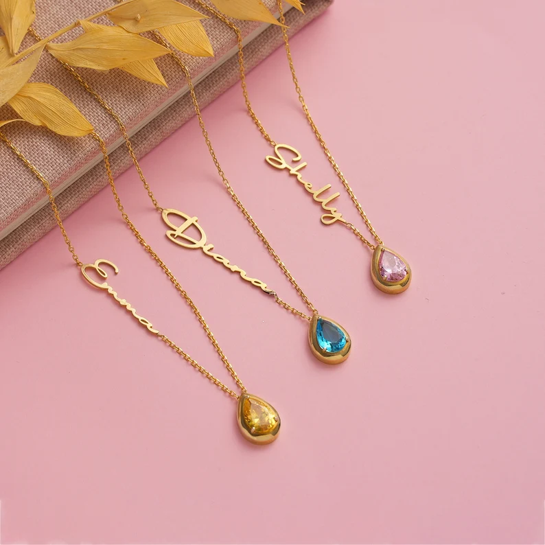 Piatra de nastere minimalista lucrata manual, colier personalizat din aur de 14k cu nume si piatra de nastere, cadou de Ziua Mamei pentru ea, bijuterii din piatra de nastere pentru femei