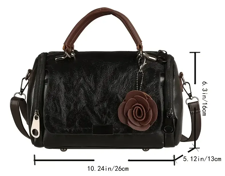 vintage boston handbag large capacity trendy satchel bag flower pendant zipper purse details 4