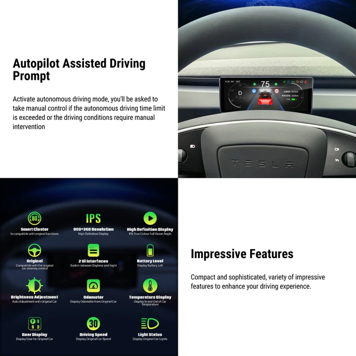 TESEVO 6.2'' Dashboard Screen Display for Tesla Model 3 Highland/Model Y
