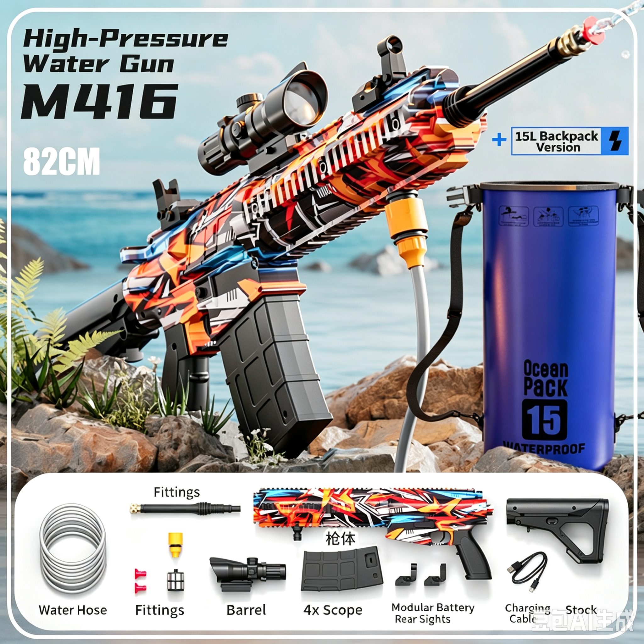 Camouflage M416 High-Pressure Electric Water Gun Toy