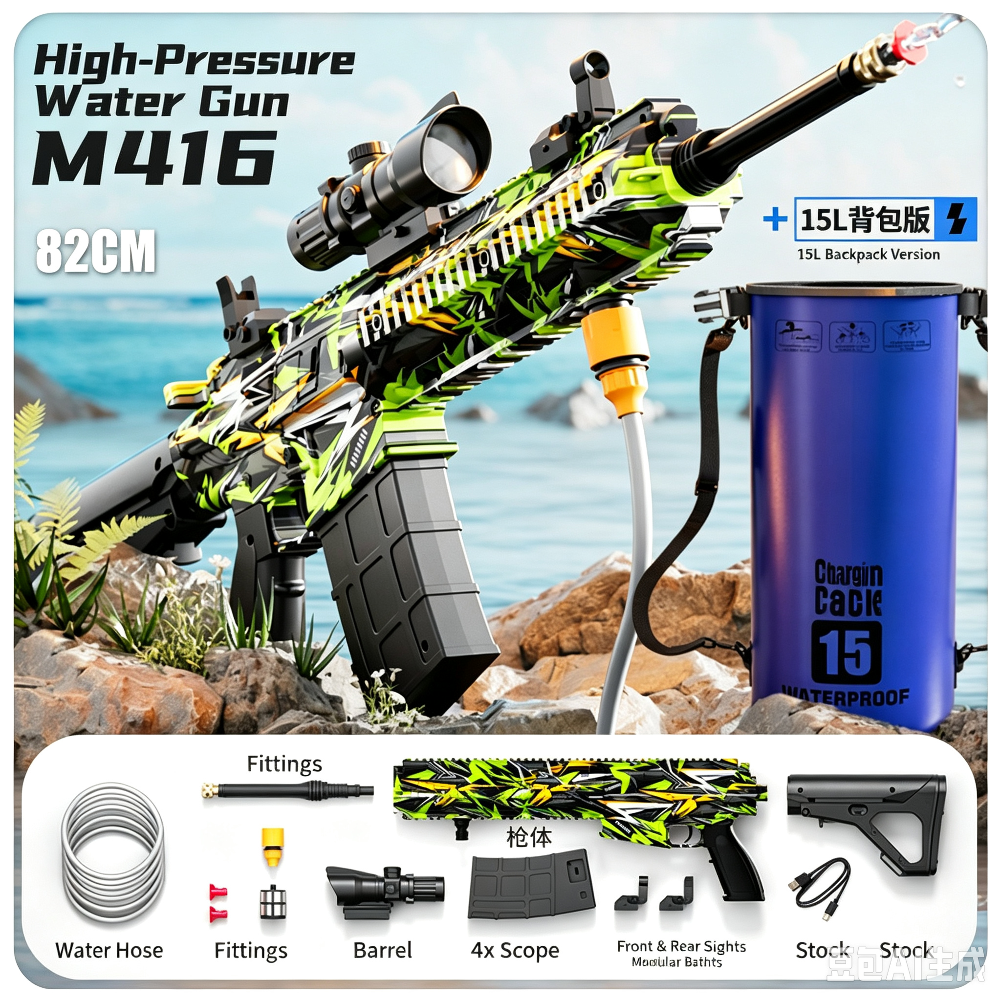 Camouflage M416 High-Pressure Electric Water Gun Toy