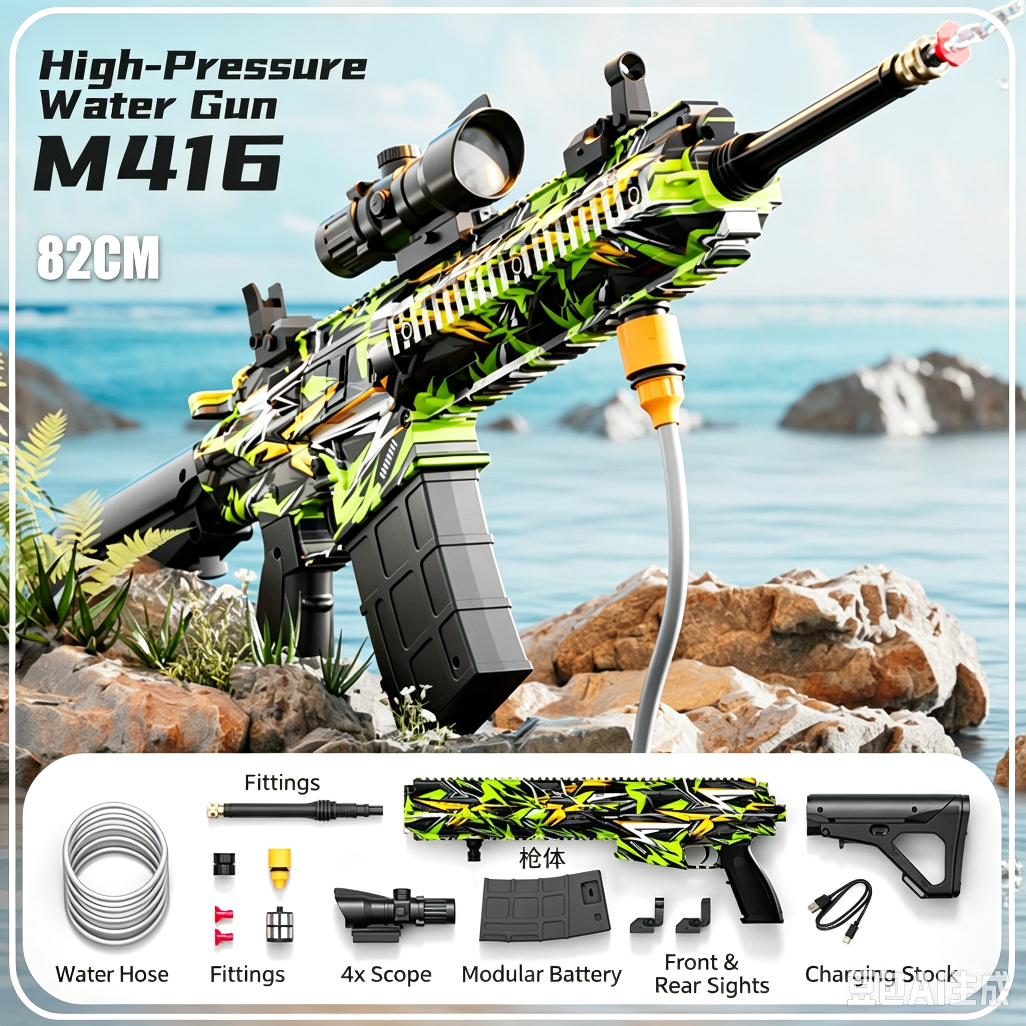 Camouflage M416 High-Pressure Electric Water Gun Toy