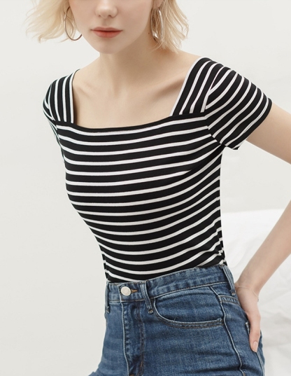 White Striped Square Neck T-Shirt