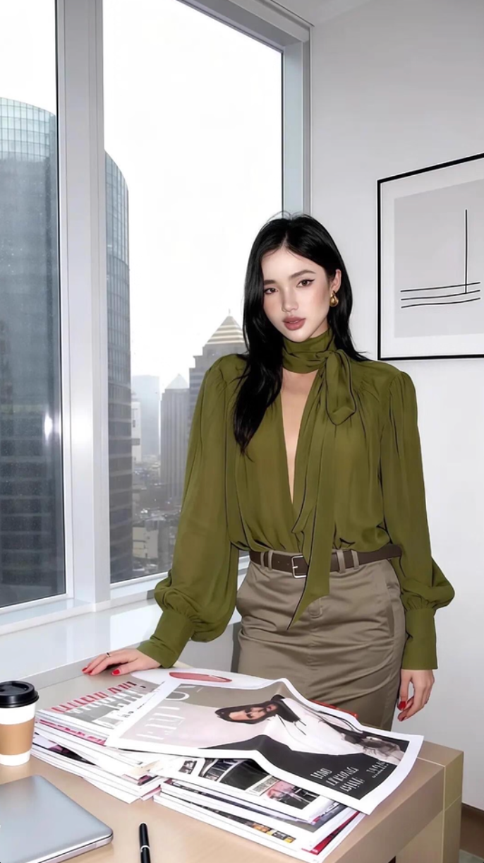 V-neck long-sleeved blouse with ribbon