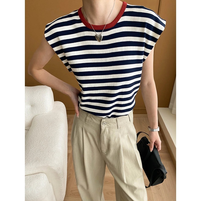 French Layered Striped Small Fly Sleeve Crew Neck Knitted Sweater T-Sh