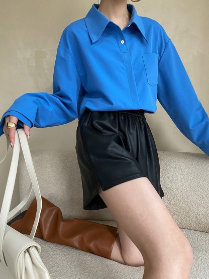 Loose A-leg Elastic Short Leather Pants