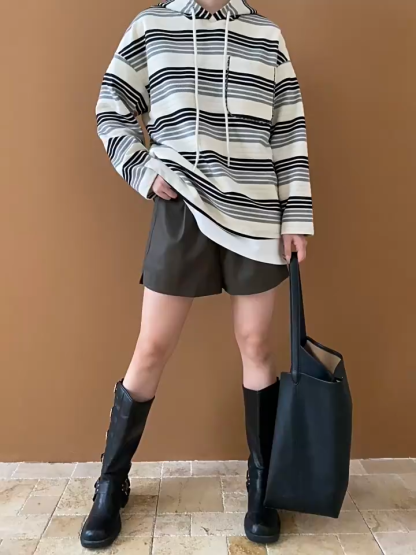Trendy Contrasting Striped Drawstring Hooded Sweater