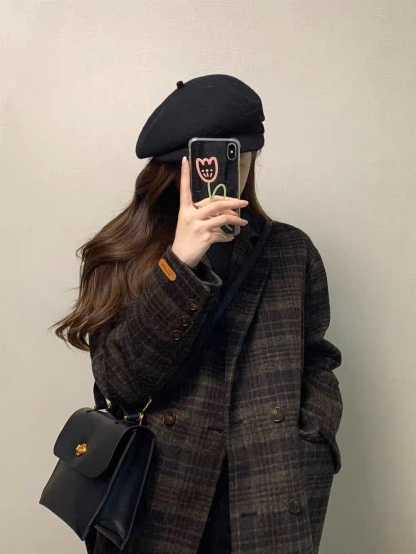 Wool-blend Gingham Loose Coat