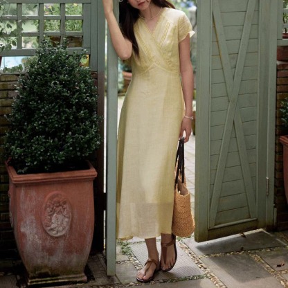 Long Casual V-Neck Dress with Ruffle Sleeves | Cotton Bamboo Blend