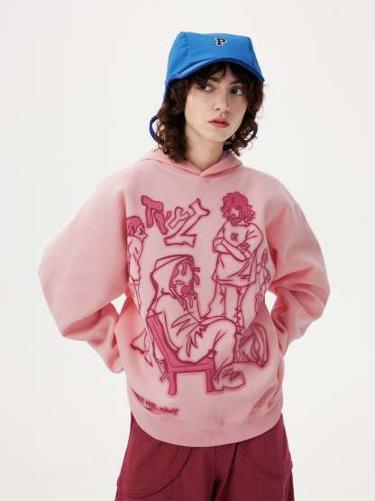 Cartoon Line Character Print Hoodie
