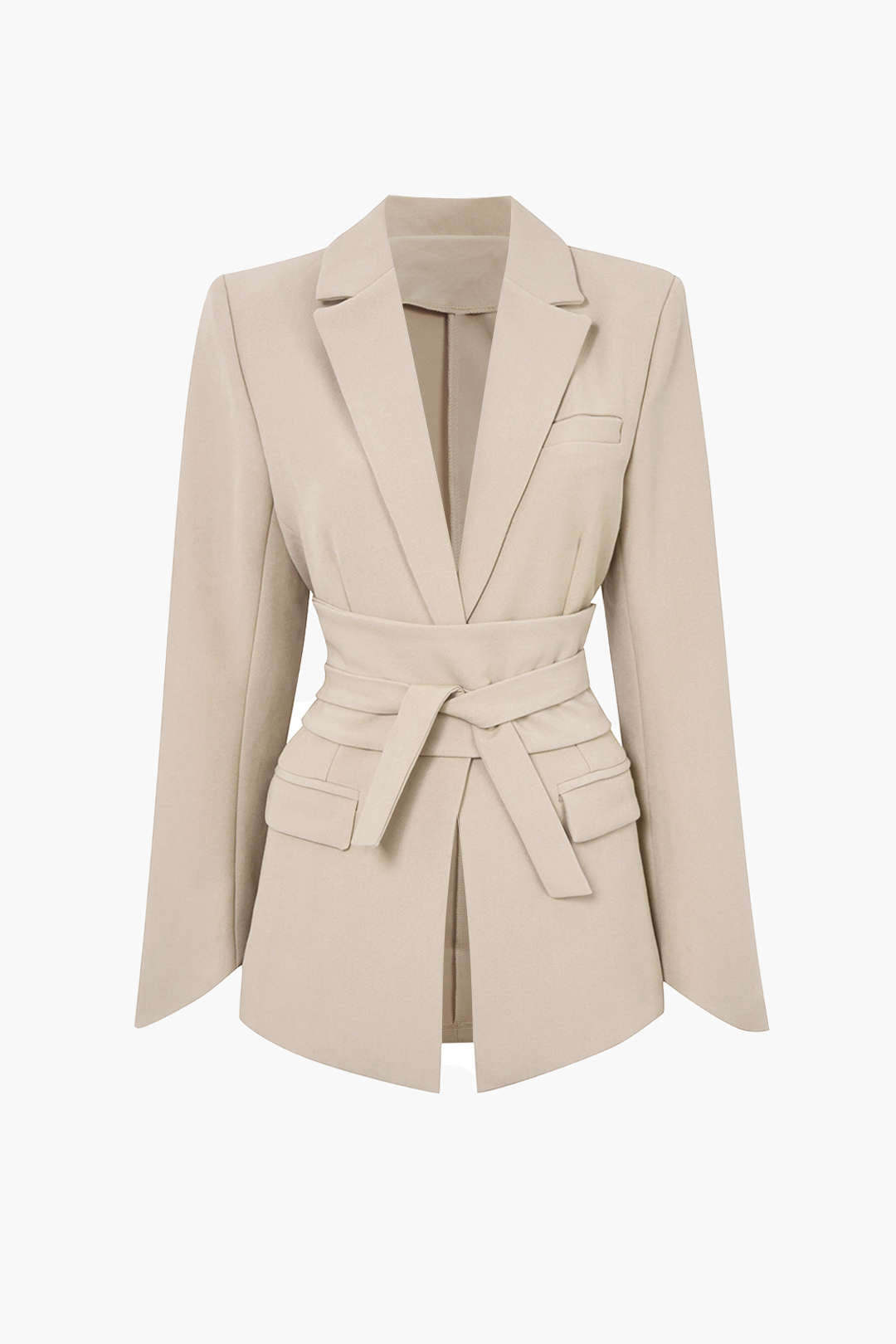 Basic Solid Notched Lapel Belted Blazer