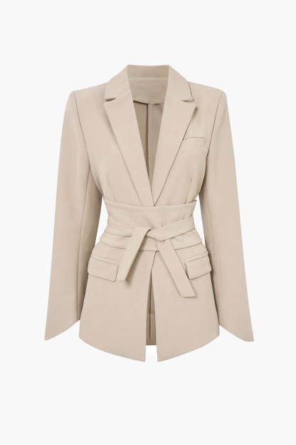 Basic Solid Notched Lapel Belted Blazer