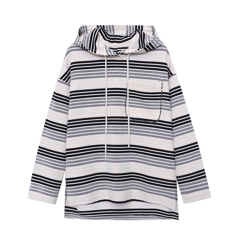 Trendy Contrasting Striped Drawstring Hooded Sweater