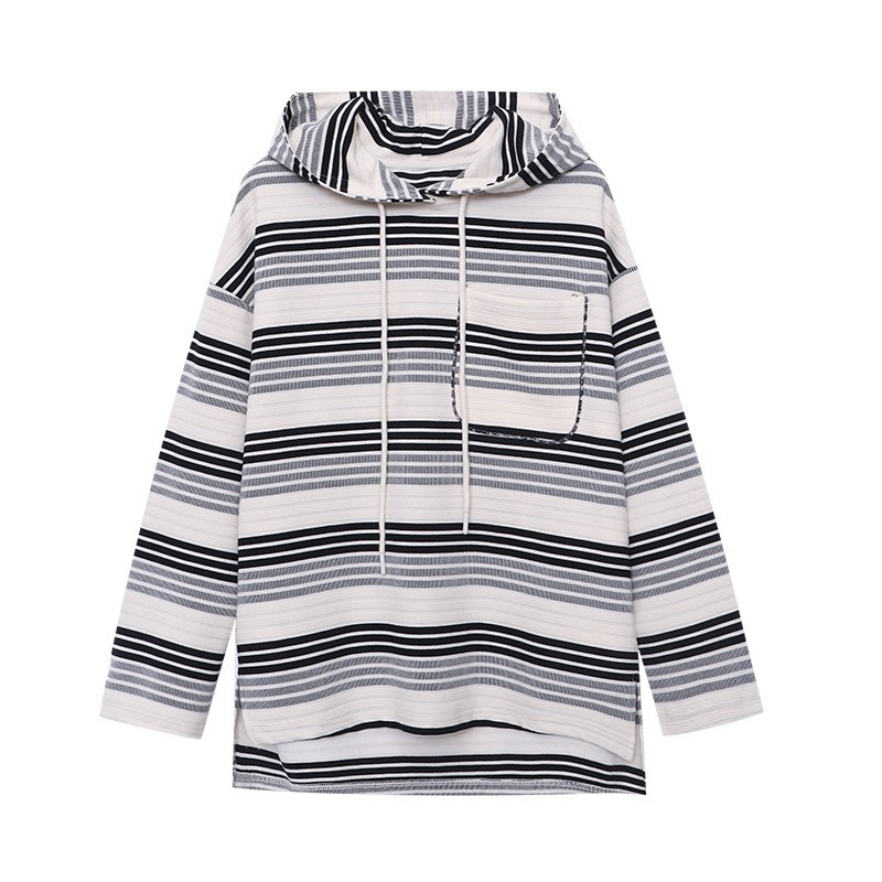 Trendy Contrasting Striped Drawstring Hooded Sweater