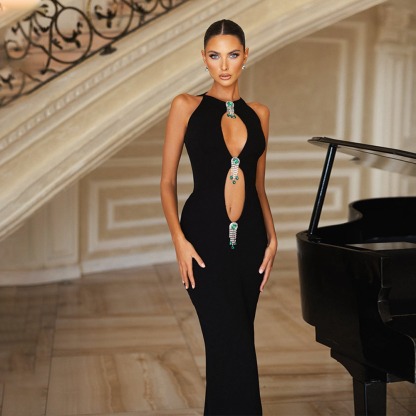 Black Mermaid Dress | Sleeveless High-Waist Evening Dress with Jewel Embellishments