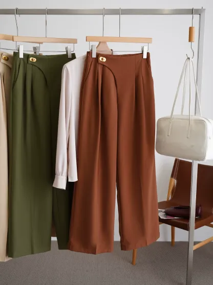 Asymmetric Pleated Wide Leg Pants