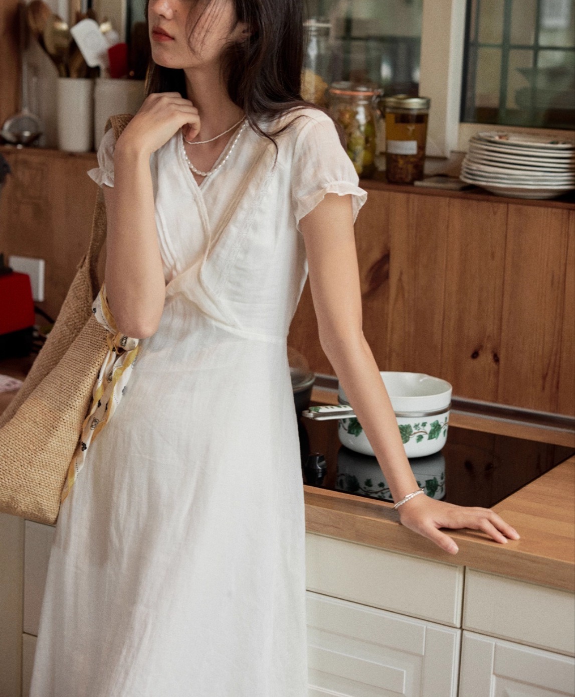 Long Casual V-Neck Dress with Ruffle Sleeves | Cotton Bamboo Blend