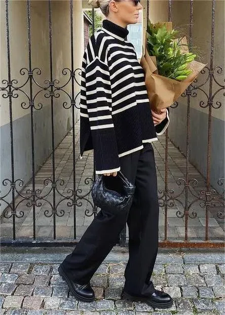 White Roll Neck Striped Ribbed Pullover Sweater