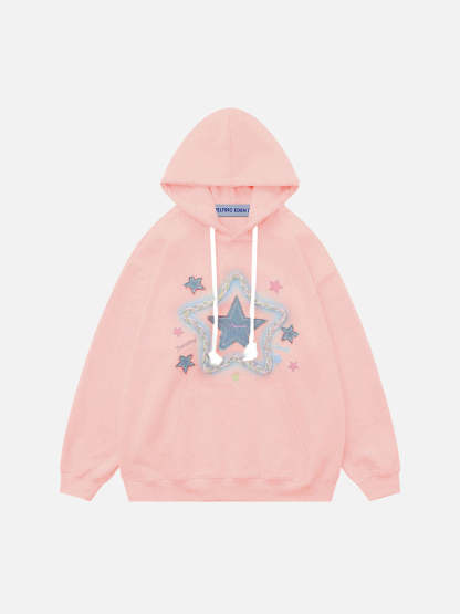 Denim Star Applique Embroidery Hoodie