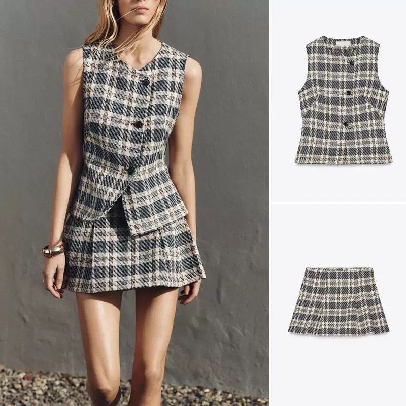Plaid Tie Front Ruffle Tank Top and Dress Set
