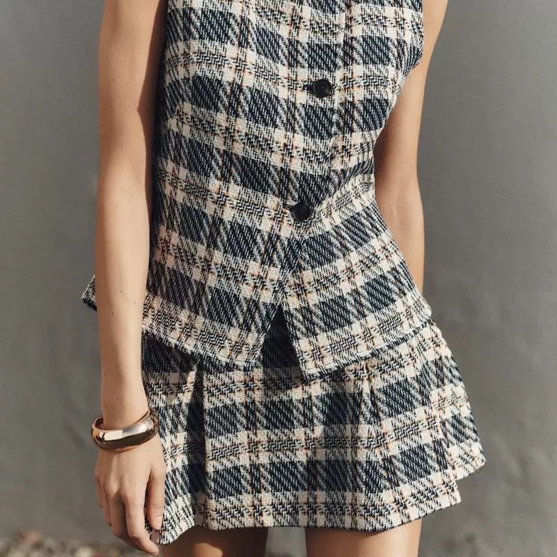 Plaid Tie Front Ruffle Tank Top and Dress Set