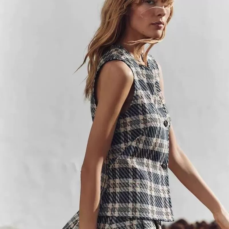 Plaid Tie Front Ruffle Tank Top and Dress Set