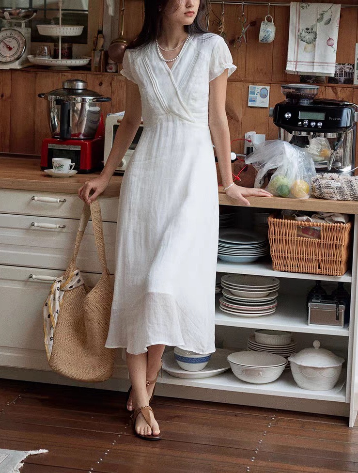 Long Casual V-Neck Dress with Ruffle Sleeves | Cotton Bamboo Blend