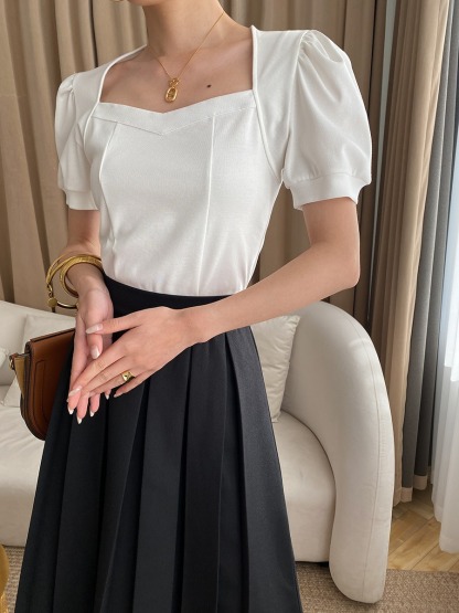 French love square collar bubble short sleeve T-shirt