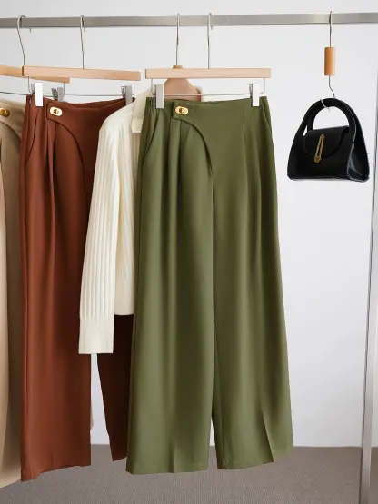 Asymmetric Pleated Wide Leg Pants