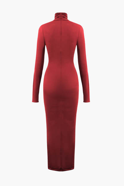 Wrap Ruched High Neck Long Sleeve Maxi Dress