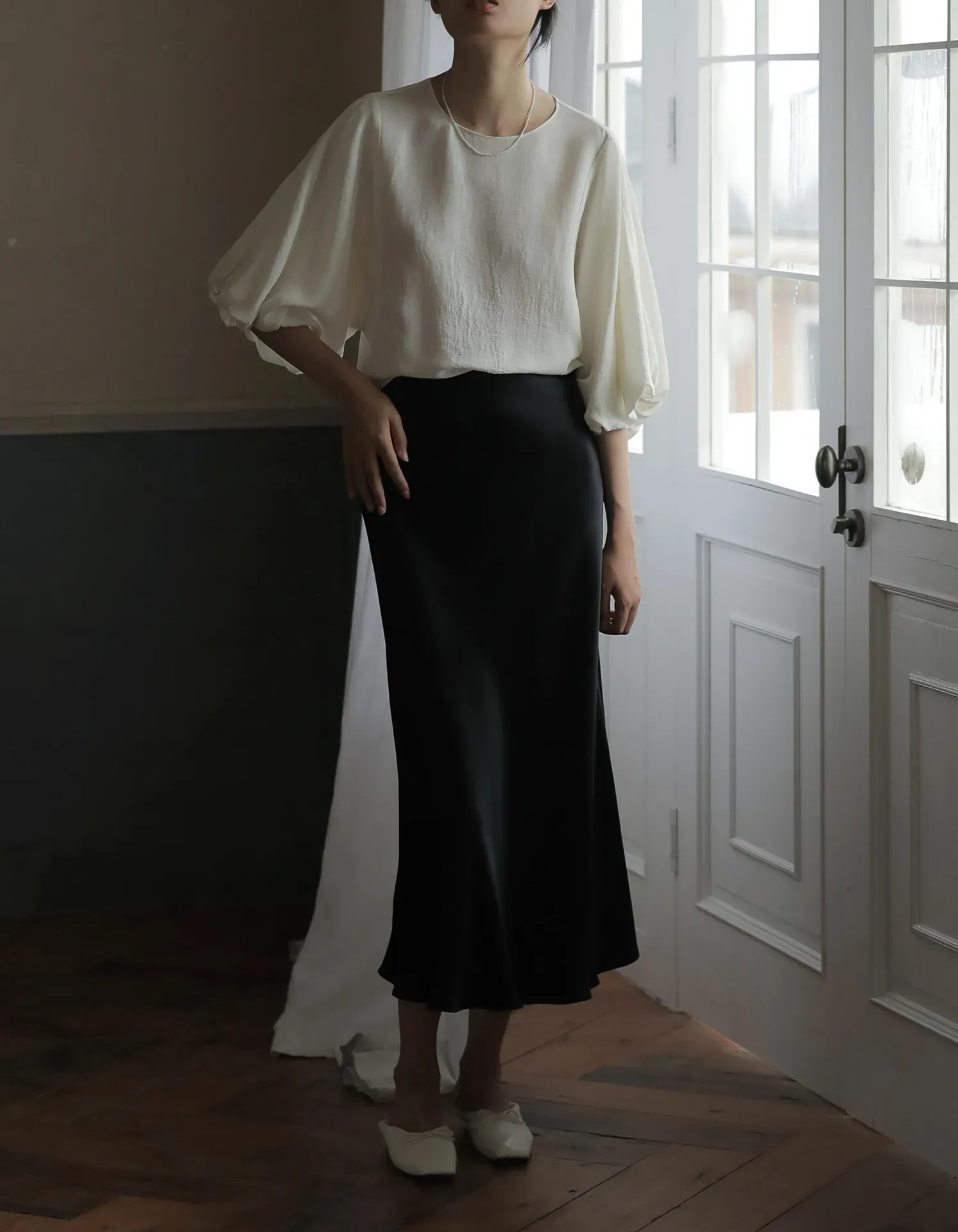 Beige Satin High-Rise A-Line Midi Skirt-J.ING